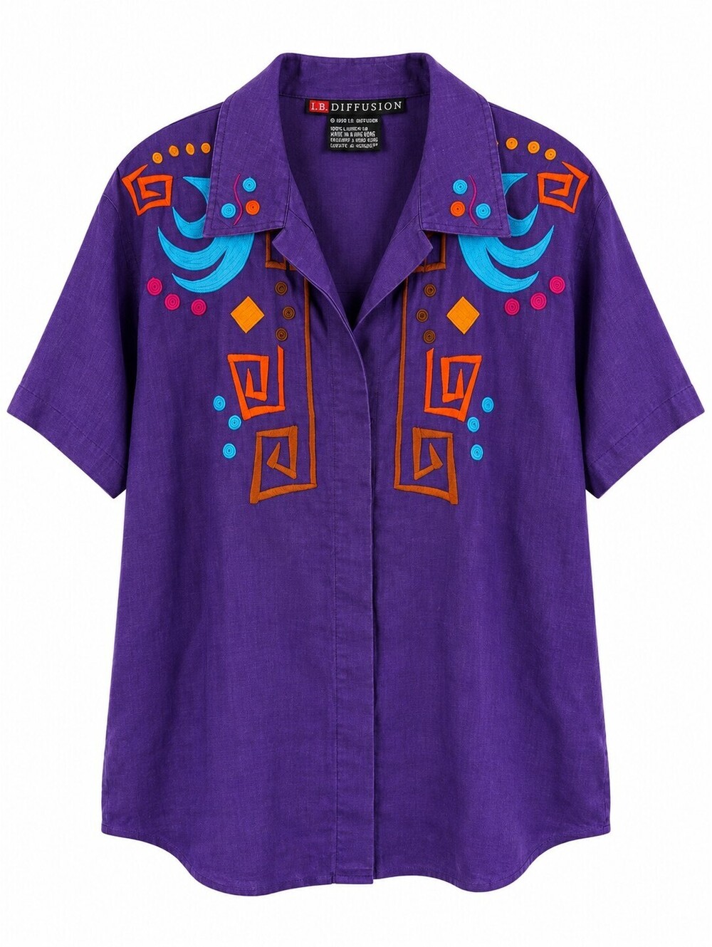Vintage 1990 I.B. Diffusion Purple Linen Embroidered Art To Wear Shirt